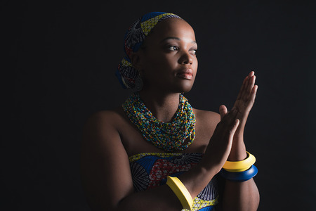 South african xhosa woman wearing colorful necklace and bracelets.の写真素材