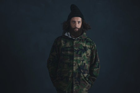 Vintage man with beard and long hair wearing camouflage jacket. Standing in front of gray wall.