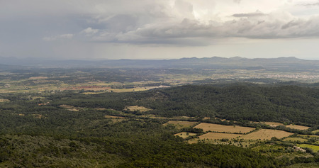 High angle view towards the Tramuntana mountains from Randa, Mallorca, Balearic islands, Spainの写真素材