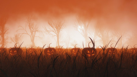 Misty field at winter forest with halloween pumpkins.の写真素材