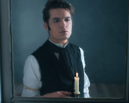 Retro dickens style man with candlestick looking out rainy window.