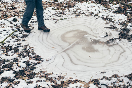 Shoes of hiker standing on frozen puddle in forest.の写真素材