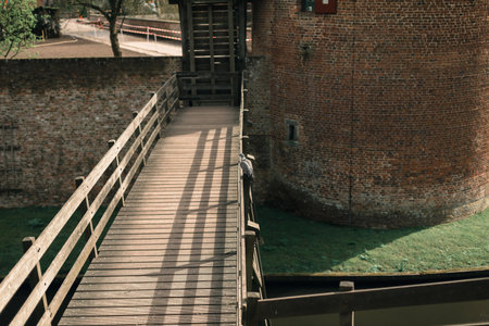 Dove sitting on wooden bridge railing of castle.