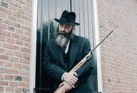 Man with hat and long beard standing with rifle against window shutters.