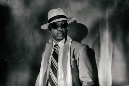 Wet plate photo of african american gangster with hat and sunglasses.の写真素材