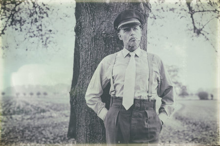Antique black and white photo of 1940s military officer smoking cigarette under tree.の写真素材