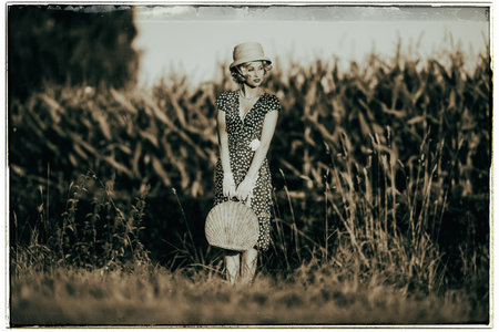 Classic black and white photo of 1920s summer fashion woman with dress and straw hat standing with...
