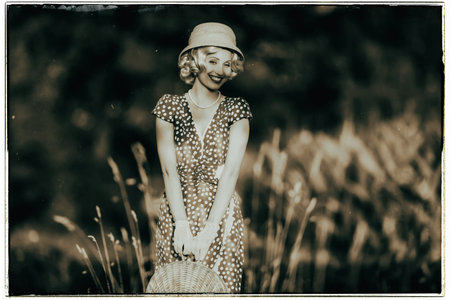 Classic black and white photo of 1920s summer fashion woman with dress and straw hat standing with...