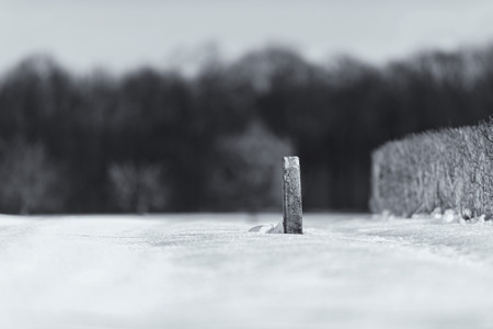 Old black and white photo of post in snow in rural landscape.の写真素材