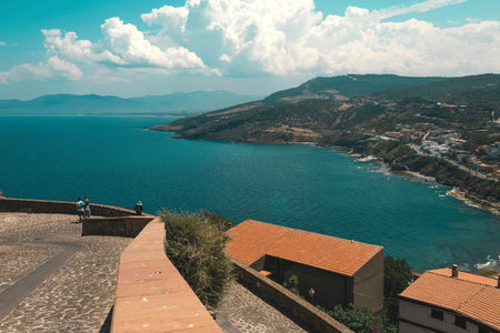 High angle view over ocean from old italian town. Sardinia. Italy.
