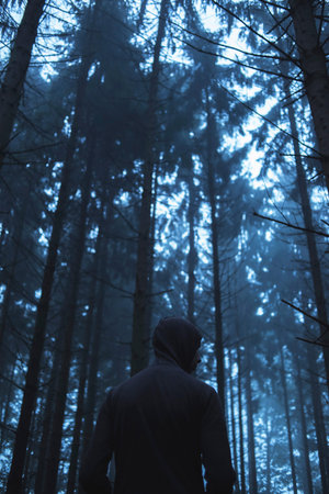 Man in hoody in spooky misty pine forest. Rear view.の写真素材