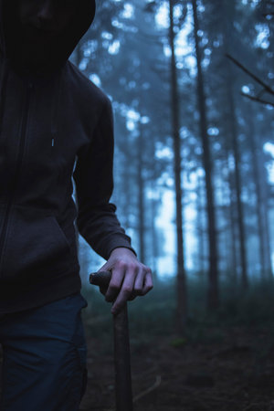 Hand of man on handle of spade in misty pine forest.