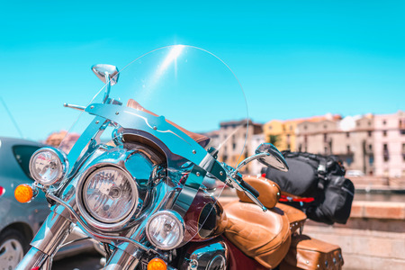 Motorcycle parked near Temo River in Bosa. Sardinia. Italy.の写真素材