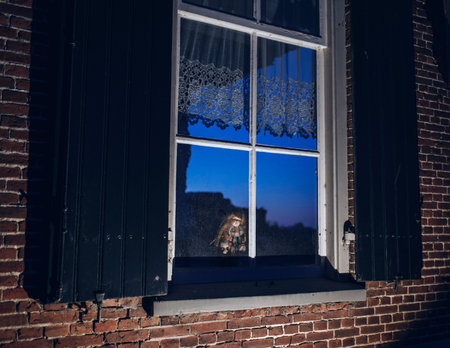 Scary vintage china doll behind window of old house at dusk.