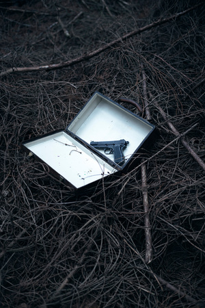 Black pistol in briefcase in pine forest.の写真素材