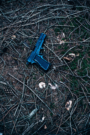 Lost black pistol in pine forest.の写真素材