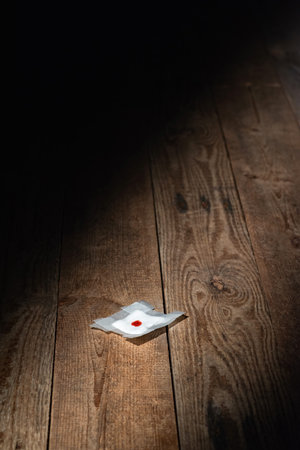 Used bandage with blood fallen on wooden floor in strip of light. Top view.