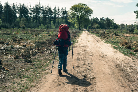 Young man in red backpack walking on dirt road on sunny day.