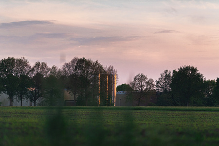 Countryside with silos and trees at sunset in spring.の写真素材
