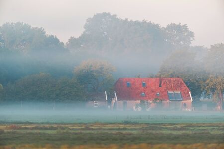 Farmhouse in countryside during misty morning.の写真素材