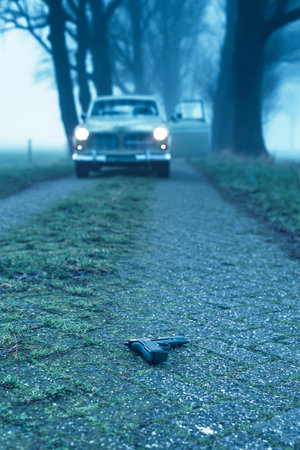 Dropped pistol on country road during misty dusk with classic car in the background.