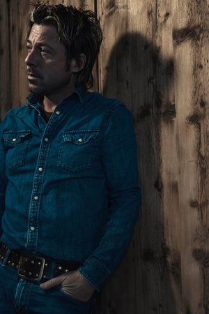 Man in denim shirt standing by a wooden wall.