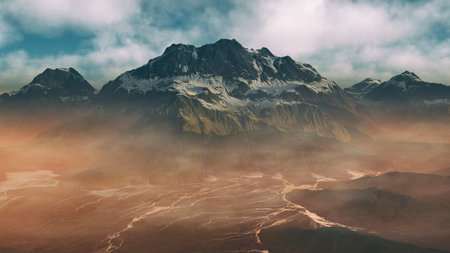 Foggy mountain landscape with cloudy sky. Digitally generated image.