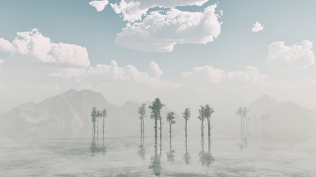 Lake with trees and mountains under blue cloudy sky. Computer generated image.