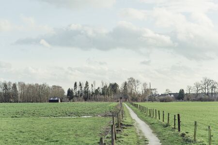 Path in countryside with village under cloudy sky.の写真素材