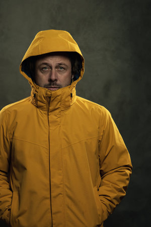 Blond man in hooded yellow coat in front of gray wall.の写真素材