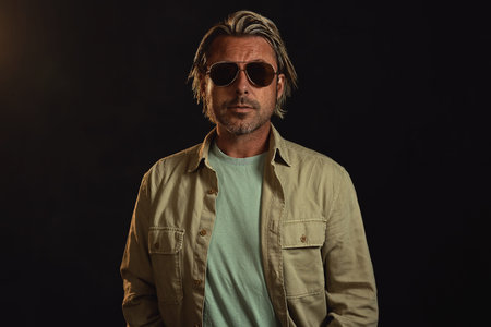 Man with blond hair and a stubble beard and dark aviator sunglasses wears a light green t-shirt with...