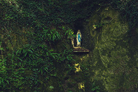 Virgin Mary statue in a rock wall in a lush green forest.の写真素材