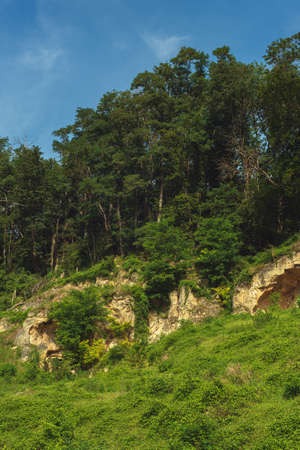 Marlstone hill overgrown with grass and trees in a sunny landscape with a clear blue sky.の写真素材