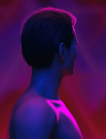 Shirtless asian man in blue and pink colored light. side view. Studio portrait. 3D rendering.