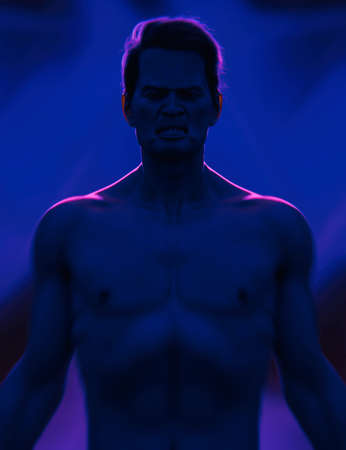 Aggressive muscled asian man in blue and pink colored light. 3D rendering.の写真素材