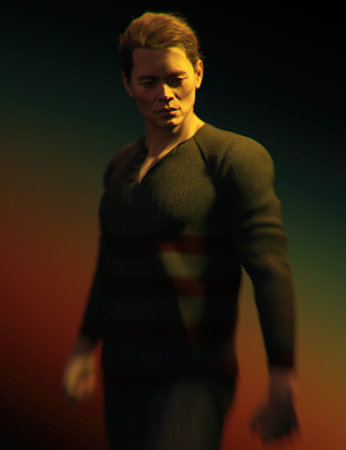 Shadowy portrait of an athletic asian man in gray sweater. 3D rendering.