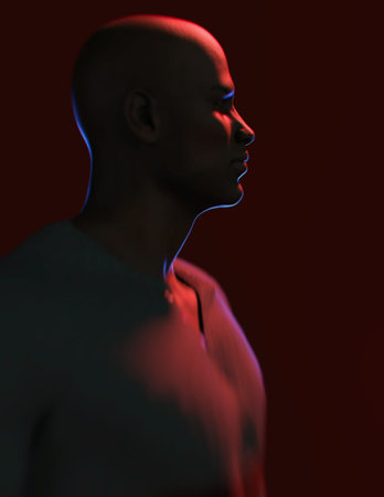 Low key lit portrait of a bald african american man in a gray sweater in red and blue rim light....