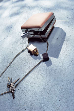 Ladies beauty accessories and keys spilled out of a fallen pink handbag on the street.の写真素材