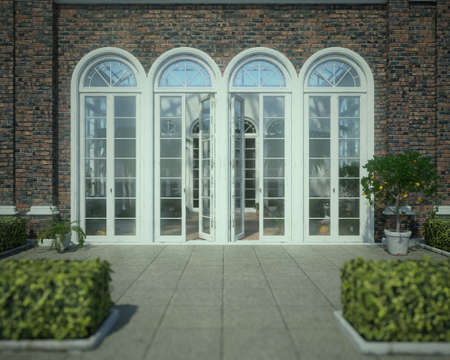 Entrance of an orangery with two opened doors on a sunny summer day. 3D render.の写真素材