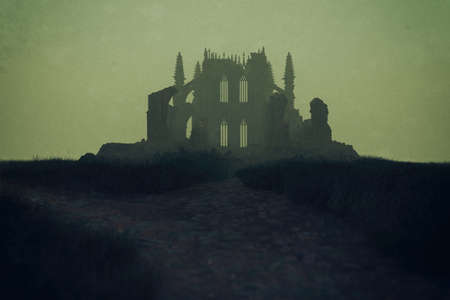 Ruined historic church in misty countryside under a cloudy sky. 3D render.の写真素材