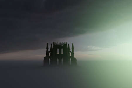 Ruined historic church in misty countryside under a cloudy sky. 3D render.の写真素材