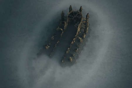 Ruined historic church in fog. High angle view. 3D render.の写真素材