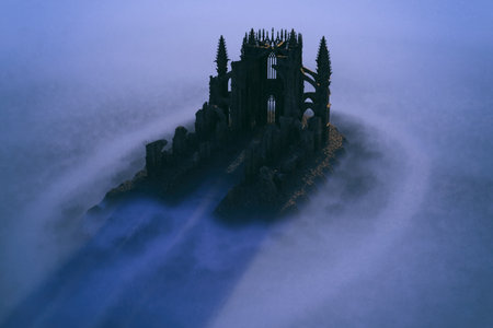 Ruined historic church in fog. High angle view. 3D render.の写真素材