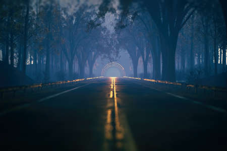 Empty misty road in an autumn forest leading to a tunnel. 3D render.の写真素材