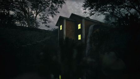 Water mill house with illuminated windows between trees under a cloudy sky during twilight. 3D render.の写真素材