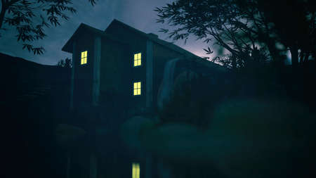 Water mill house with illuminated windows between trees under a cloudy sky during twilight. 3D render.の写真素材