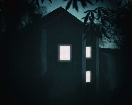 Illuminated windows of a water mill house between trees at dusk. 3D render.の写真素材