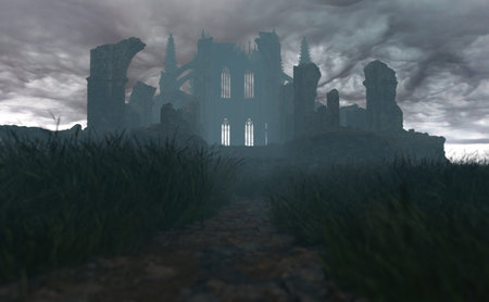Ruin of an ancient cathedral in foggy countryside under a dark cloudy sky. 3D render.の写真素材