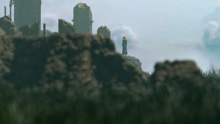 Woman with long red hair in a black dress walks at an ancient ruin. 3D render.の写真素材