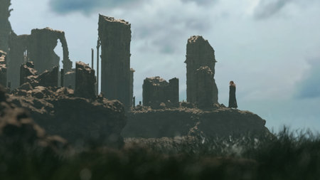 Woman with long red hair in a black dress walks at an ancient ruin. 3D render.